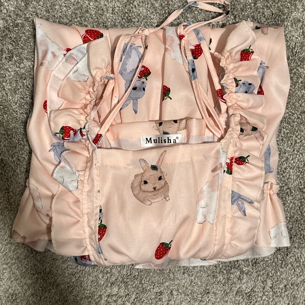 Blush Midi Dress with Bunny and Strawberry Design